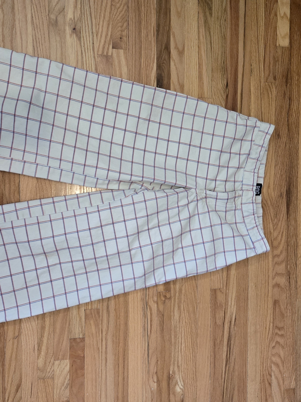 BDG Cropped Wide Leg White Pants with Red Grid Plaid